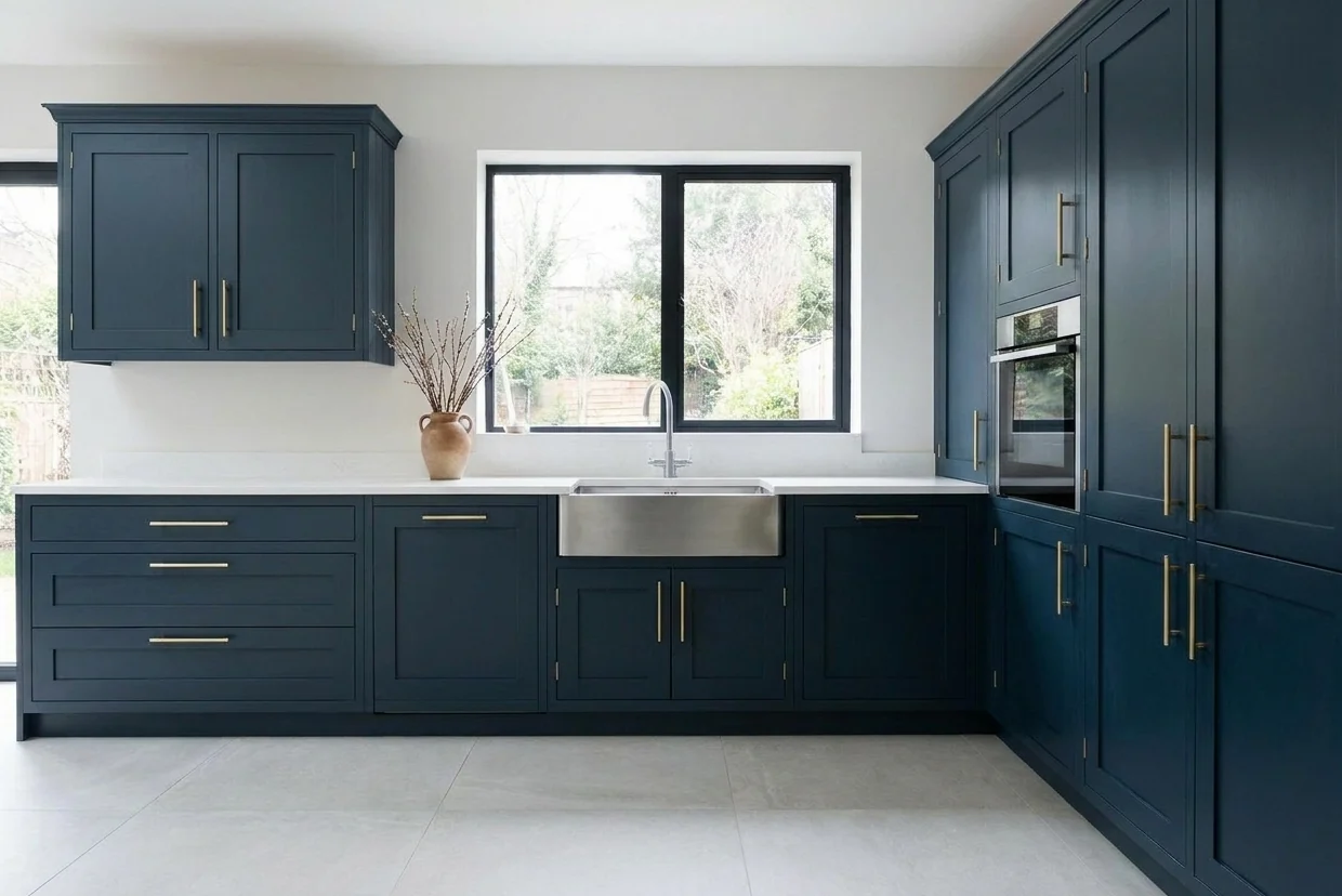 The same modern shaker kitchen in inky blue