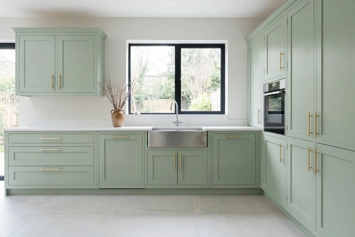 The same modern shaker kitchen in soft sage